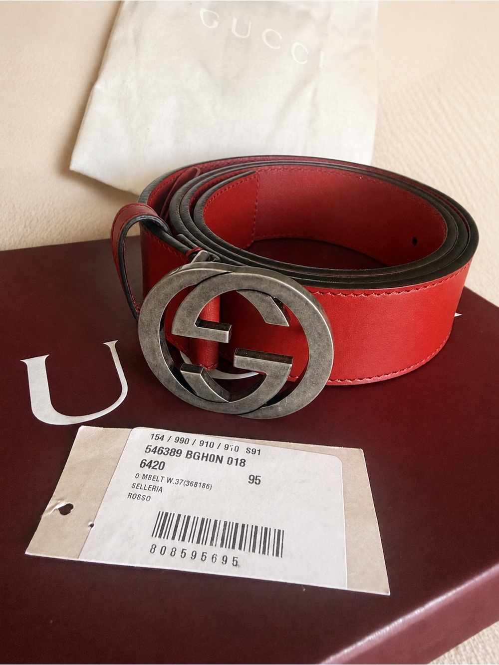 Authentic Men's Gucci Red Selleria Interlocking G Leather Buckle Belt